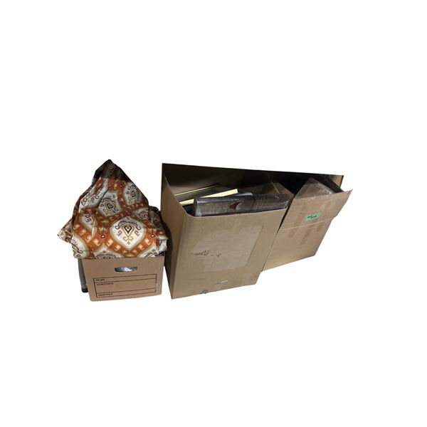 Group of Box of Various Framed Art & Kitchen Plates & Utencils