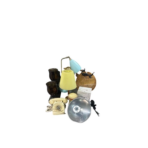 Assorted Household DÃ©cor & Lighting Lot Including Vintage Rotary Phone, Lamp Shades, Candle Holders