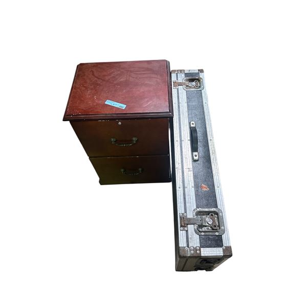 Group of 2 Wood End Table & Vintage Audio Mixing Console in Road Case with Microphone & Cables