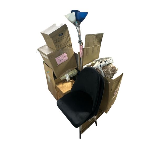 Large Group of Misc Set Dec - Lamp, Faux Plant, Pillow, Bags, Kennel, Bird Cage, Two Chairs,