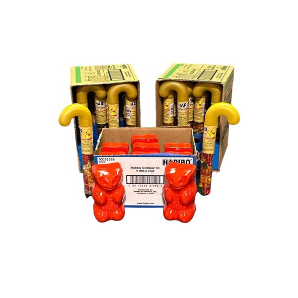 Group of 3 Boxes of Haribo - Holiday Goldbear Tin & Haribo Cane