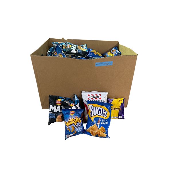 Box of Various Chips - Max Cheese & Onion, Bugles Salt & Vinegar, Fridays Mozzarella Sticks, Flake C