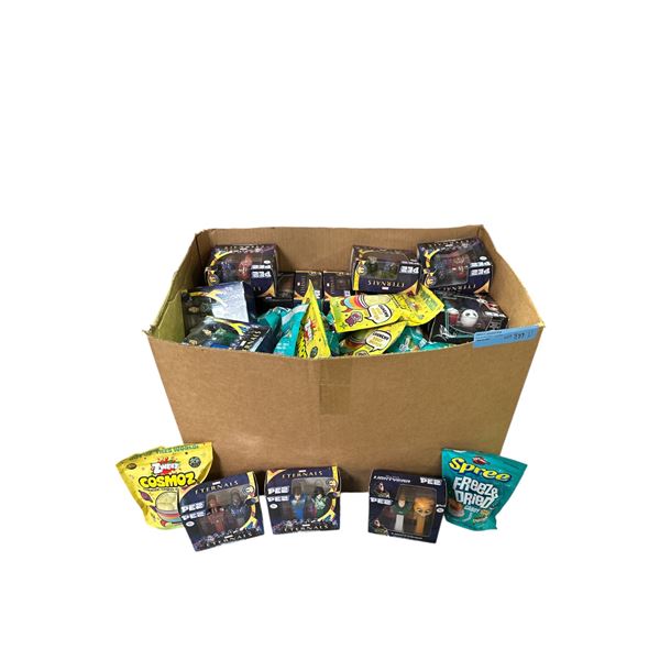Box of Various Candy - Eternals PEZ, Cosmoz Dried Gummies, Spree Freeze Dried Candy, Etc.