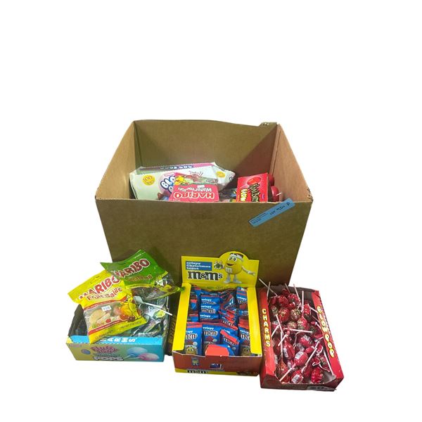 Box of Various Candy/Chocolate - Fluffy Cotton Candy POPs, M&M's, Haribo, Etc.
