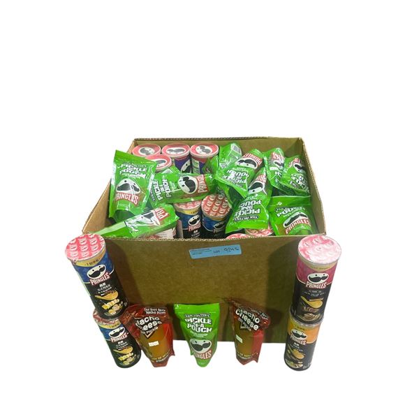 Box of Misc - Pickle in a Pouch - Pringle. Nacho Cheese & Pringles Enchilada Chips