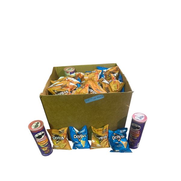 Box of Various Chips - Doritos Cheese, Cool Original, Pringles Enchilada, Etc.