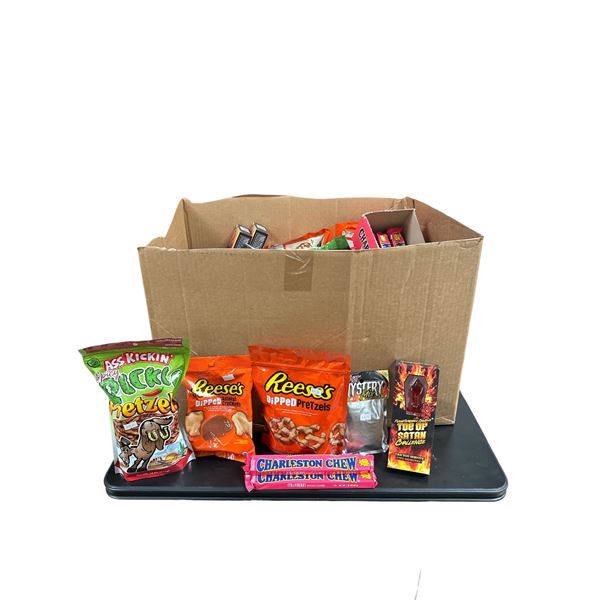 Box of Various Candy - Toe of Satan, Spicy Pickle Pretzel, Hot Mystery Mix, Etc