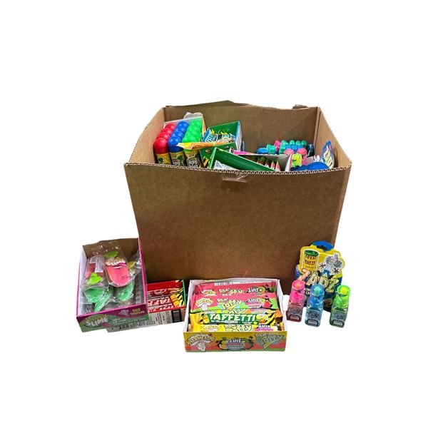 Box of Various Candy - WarHeads Sour Taffy, Sour Tongue, Toxic Waste Zapz, Etc.