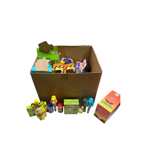 Box of Various Candy - WarHeads Drink Mix, Bubble Gum Kids, Candy Flashlight, Toxic Waste Sour Slush