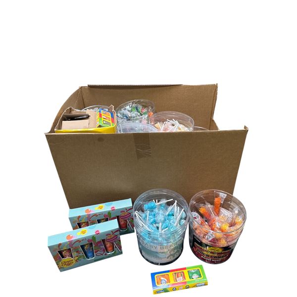 Box of Various Candy - Chupa Chups, Rock Candy on Stick, Gummy Snack Pack, Etc.