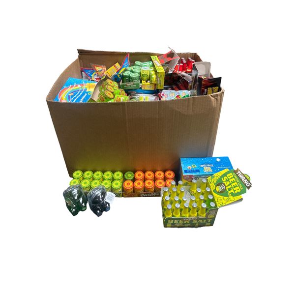 Box of Various Candy - Lemon Lime Twang, Beer Salt Various Flavours, Hot Sauce, Etc.