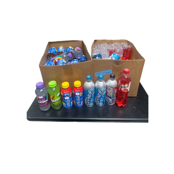 Box of Various Drinks - Capri Sun, Skittles, Ramu Bottles, Etc.