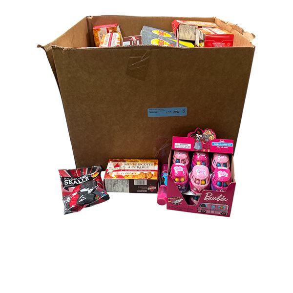 Box of Various Candy - Maple Mini-Biscuits, Barbie Camper Van, Barbie Bubble Gum, Etc.