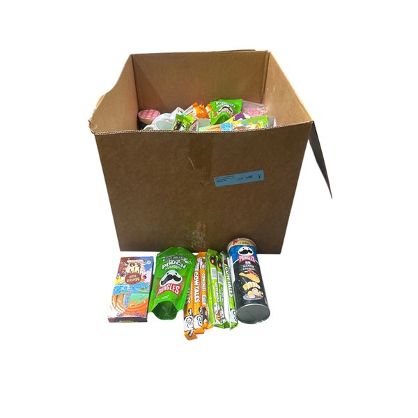 Box of Various Misc - Dubai Chocolate, Pickle, Pringle Chips, Cow Tales, Lollipop, Etc.