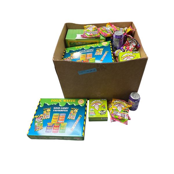 Box of Various Candy - Toxic Waste Sour Candy, Warheads Drink Mix, Warhead Wedgies, Etc.