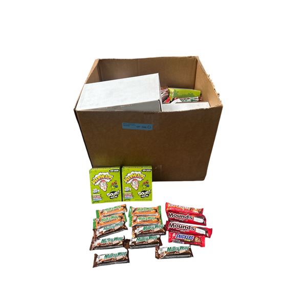 Box of Various Candy - Warheads Sour Drink Mix, Candy Brains, Milky Way Chocolate Bar, Etc.