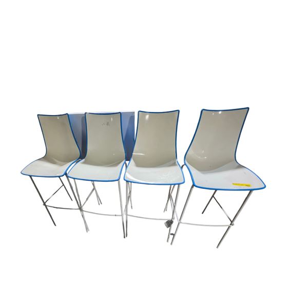 Set of 4 White & Blue Plastic Bar Stools
