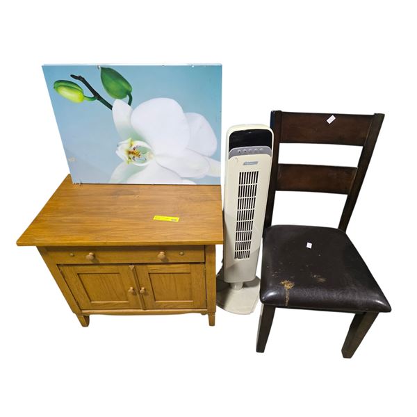 Group Lot includes wooden Small country cabinet / Set of 2 Wood Lys Frames/ Tower Fan/ Microban Foam