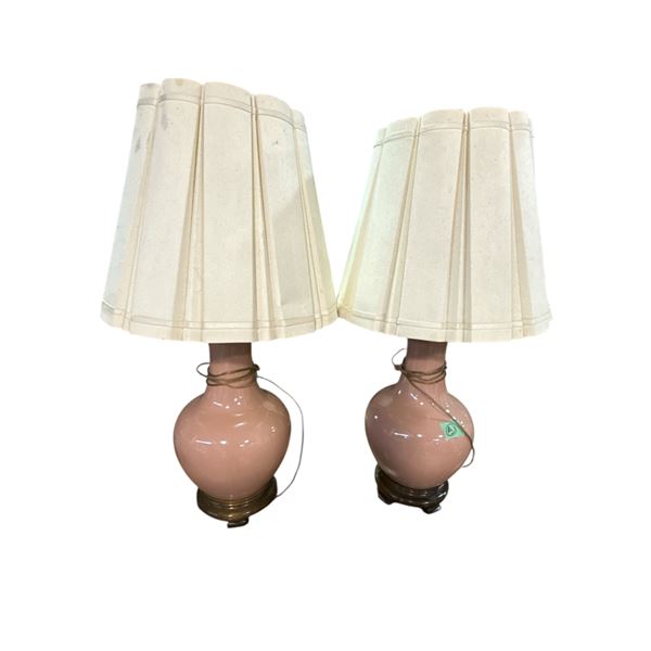 Set of 2 Vintage 3 ft Antique Table Top Beige Rose Lamps w/ Lampshades