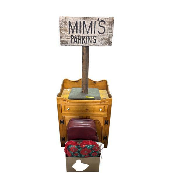 Movie Set Dec Group lot - includes Vintage Solid Wood Chest Cabinet, "Mim's Parking" Sign & Suitcase