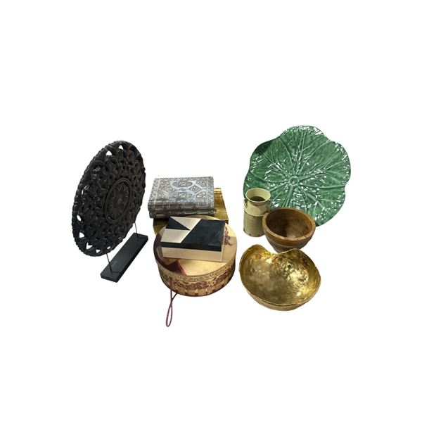 Group of Decoration & Decorative Boxes - includes Black Round Buddhist Wheel Ornament on Stand/Golde