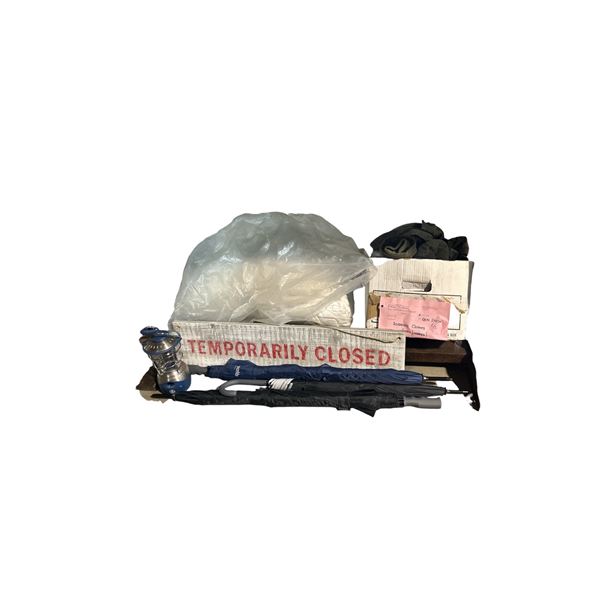 Group of Misc - Temporarily Closed Sign, Mirror, Metal Basket, Umbrellas, Clothing, Etc.