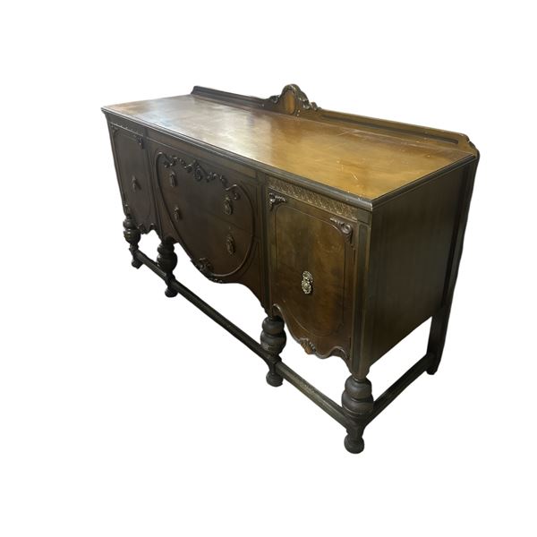 Vintage Carved Wood Sideboard Buffet Cabinet with Turned Legs 65.5in L x 21in D x 37in H