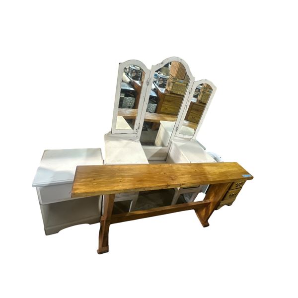 White Triple Mirror Vanity Top, White End Table, Rustic Wooden Bench with Ceramic Pedestal Sink