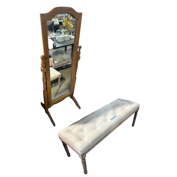 Group of Wooden Framed Standing Mirror & White Cushion Top Wood Framed Bench