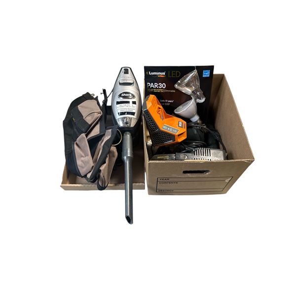 Group of Misc - Par 30 Light, Shark Vacuum, Rigid Charger, Tools, Etc.