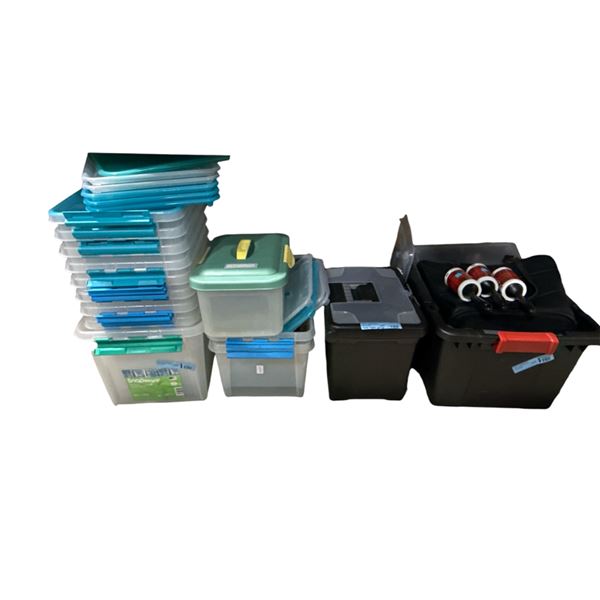 Group of Bulk Lot of Plastic Storage Bins, Lids, Totes & Lint Roller