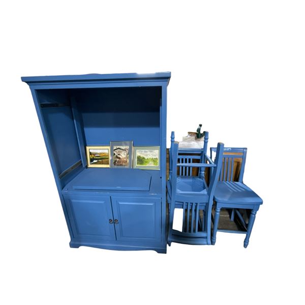 Group of Misc - Blue Cabinet w/3 Blue Chairs
