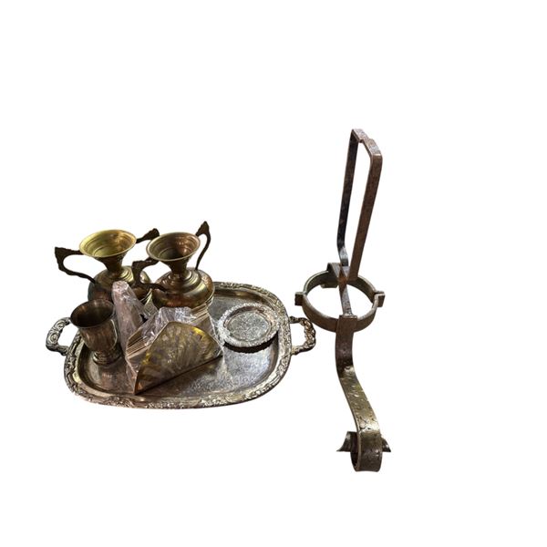 Assorted Brass DÃ©cor Lot â€“ Lanterns, Candlesticks, Silverplate Tray & Accessori