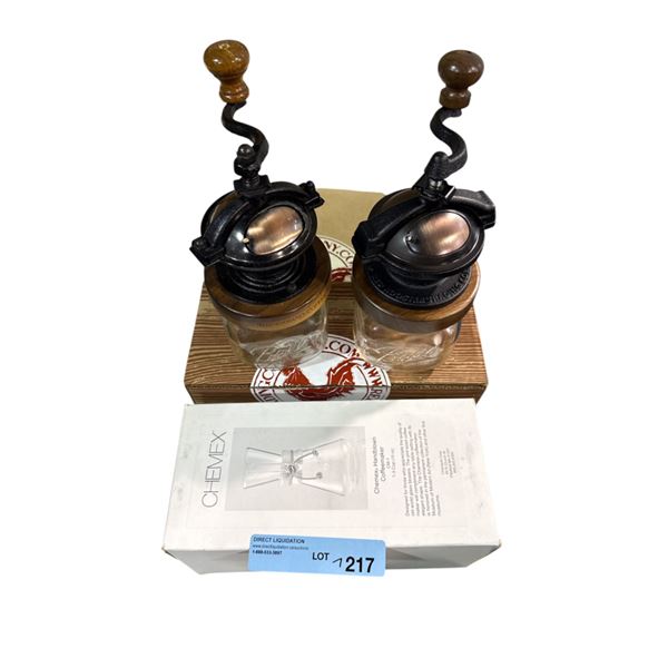 NEW Coffee Set - includes 2 Vintage Manual Grinders/ Chemex Handblown Glass Coffee Maker