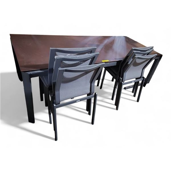 E9 OUTDOOR LIVING GLASS TOP PATIO DINING TABLE WITH (x6) E9 CHAIRS - 87x39x29"