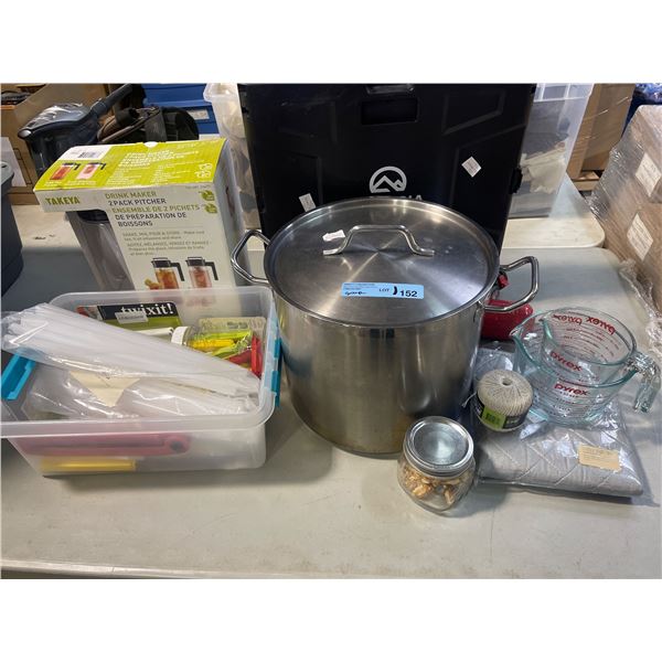 Large Stainless Steel Stock Pot w/ Lid, Pyrex Measuring Cups, Takeya Pitchers & Kitchen Misc.