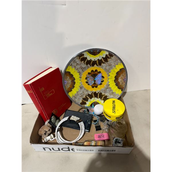 Miscellaneous jewelry, etc.with butterfly wing art 11.5 inch diameter