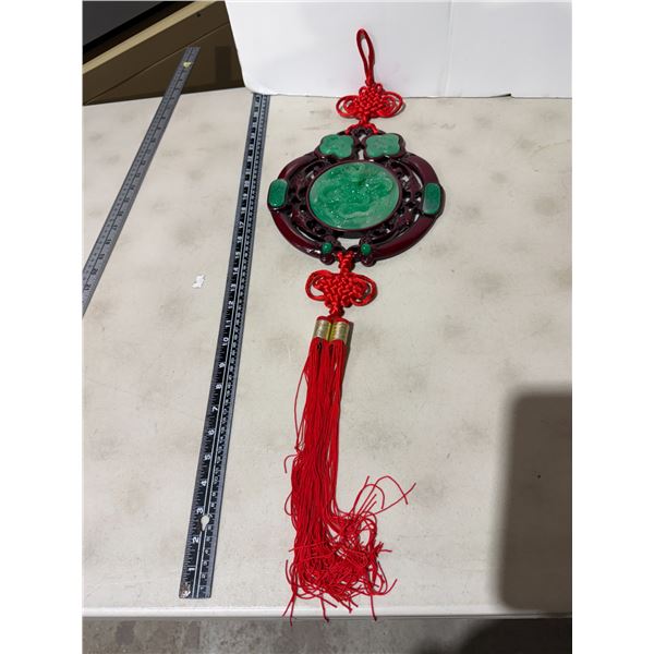 vintage Chinese good luck wall decoration made of faux jade and cinnabar, featuring a traditional Ch