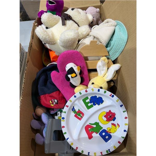 Children's stuffy's and plate, etc.