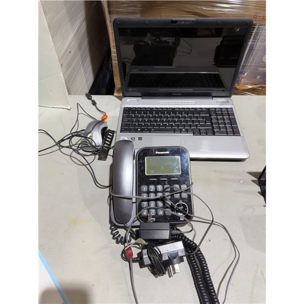 Toshiba, laptop and Panasonic phone
