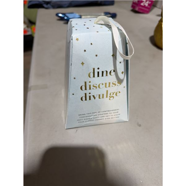 Dine discuss and divulge bring this box of controversial conversation starters to your dinner party