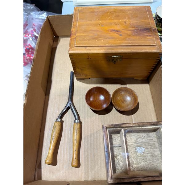 Antique curling, iron and wood boxes, etc.