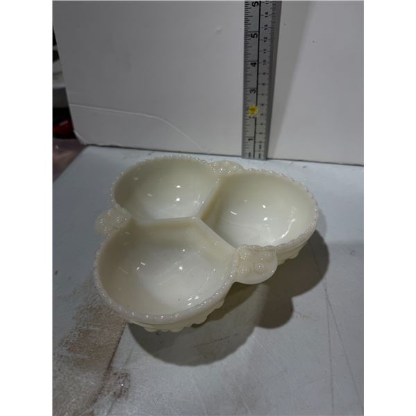 vintage Anchor Hocking Moonstone hobnail milk glass three-part relish dish