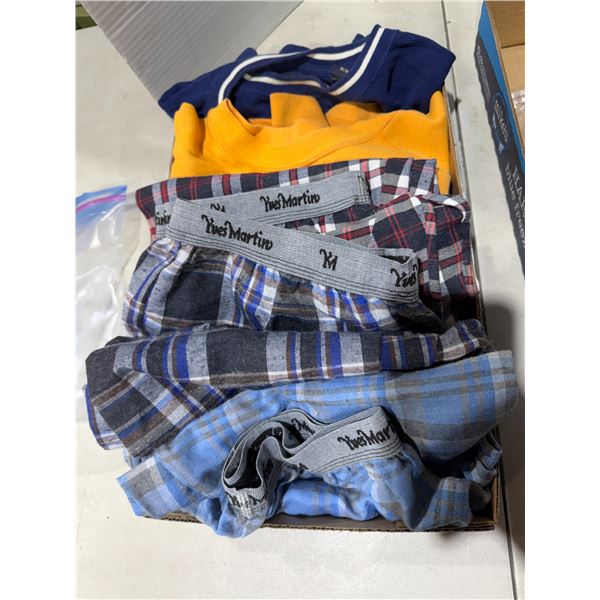Assorted pajama pants and sweaters