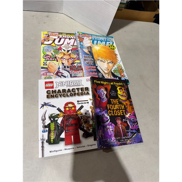 Assorted books, Lego, fourth night at Freddy's, NARUTO