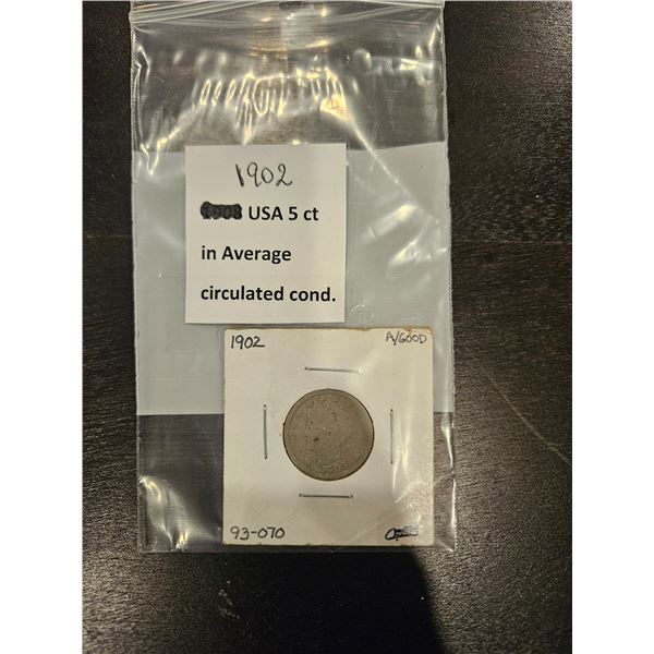 1902 USA 5 cent coin