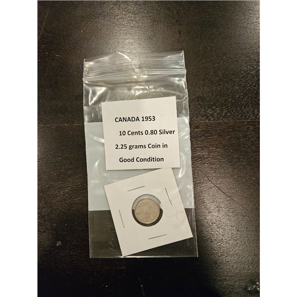 1953 Canada 10 cent 80% silver coin