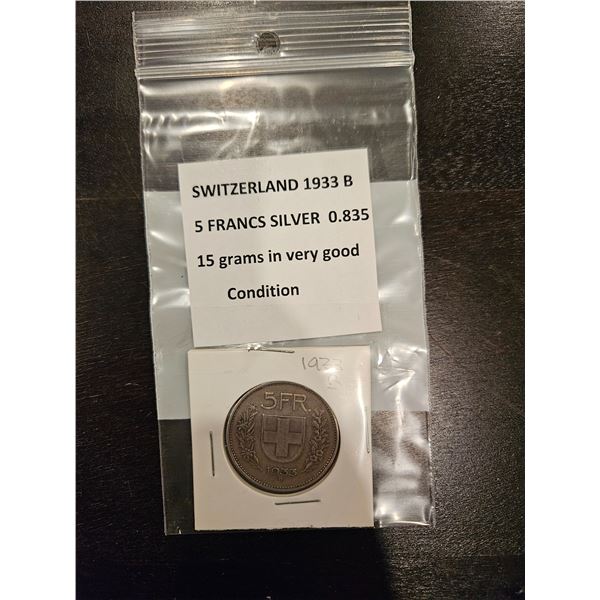 1933 Switzerland 5 Francs 0.835 Silver coin