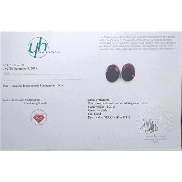$13,850 Appraisal - 11.29 ct Cert. Untreated Ruby gemstone Pair