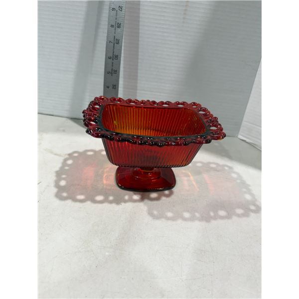 vintage FTDA 1981 red glass open lace rectangular pedestal candy dish some peeling inside